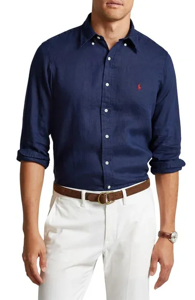 Polo Ralph Lauren Embroidered Logo Button-down Shirt In Newport Navy