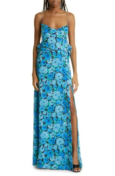 Rotate Birger Christensen Chiffon Printed Long Dress In Blue