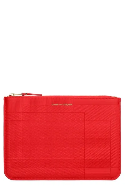 Comme Des Garçons Logo Detail Flat Leather Pouch In Red