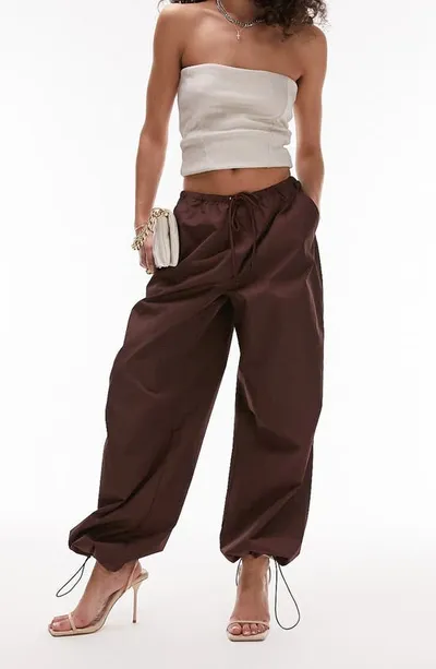 Topshop Oversized Balloon Nylon Parachute Pants In Chocolate-brown