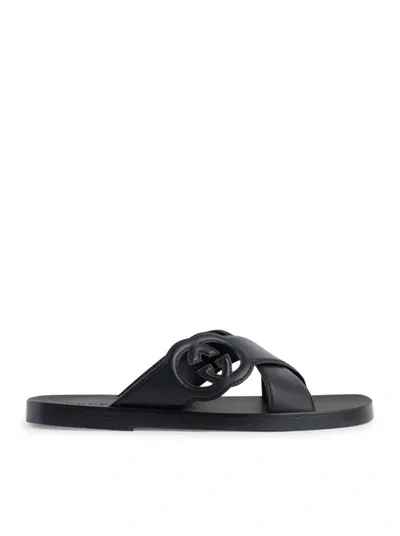 Gucci Flat Leather Sandals In Black