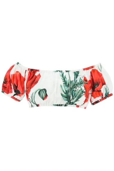 Dolce & Gabbana Poppy Print Cotton Poplin Crop Top In White,multicolor