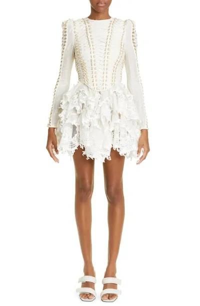 Zimmermann Coaster Corset Laced Linen And Silk Mini Dress In Ivory