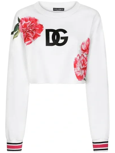 Dolce & Gabbana Cropped Sweatshirt With Dg Logo Print And Carnations Patch In White