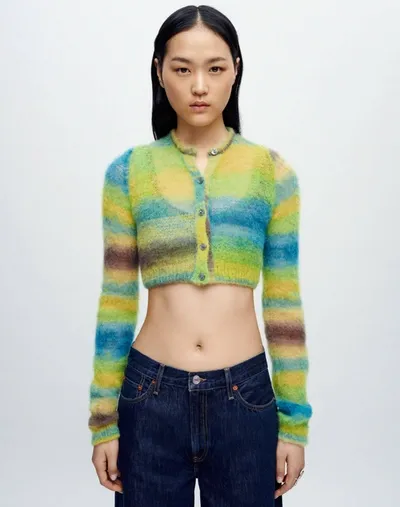 Re/done Cropped Crewneck Cardigan In Green Space Dye