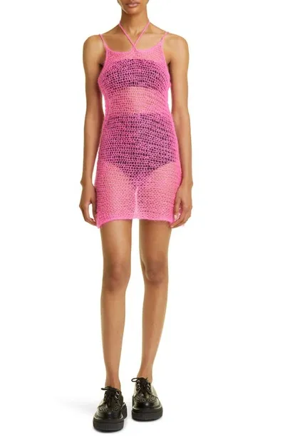 Erl Crochet Mohair Slip Dress In Pink