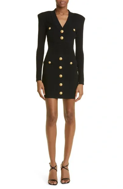 Balmain Button Embellished Rib Knit Minidress In Black