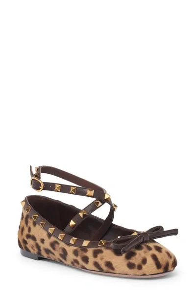 Valentino Garavani Rockstud Genuine Calf Hair Ankle Strap Ballet Flat In Animal Print