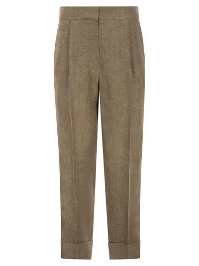 Brunello Cucinelli Relaxed Sartorial Trousers In Sparkling Washed Linen Twill In Brown