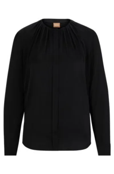 Hugo Boss Ruched-neck Blouse In Stretch-silk Crepe De Chine In Black