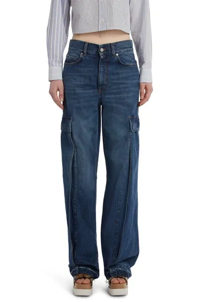 Stella Mccartney Blue Flare Cargo Jeans With Logo Patch In Cotton Denim Woman In Black