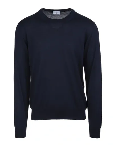 Fedeli Man Round Neck Pullover In Dark Blue Cashmere And Silk