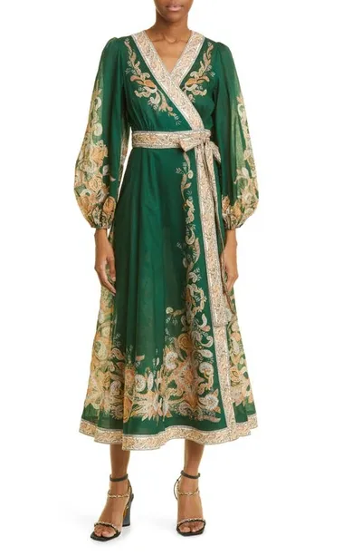 Zimmermann Devi Belted Paisley-print Cotton-voile Midi Wrap Dress In Emerald Paisley