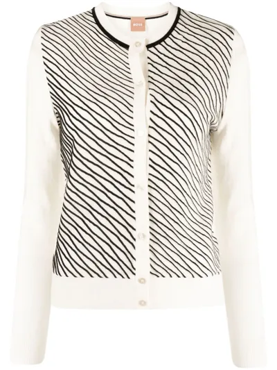 Hugo Boss Piped-stripes Crew Neck Cardigan In White