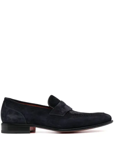 Santoni Suede Penny Loafers In Blue