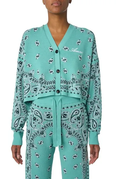 Amiri Bandana Print Button-front Cardigan With Logo Embroidery In Teal