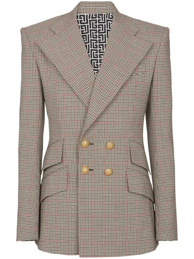 Balmain Prince Of Wales Double-breasted Blazer In Gray