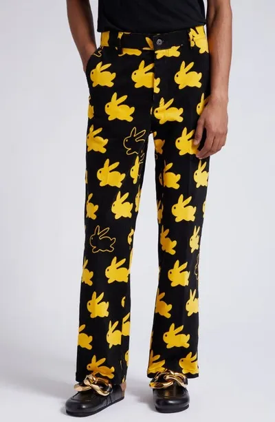 Jw Anderson Bunny Print Stretch Corduroy Straight Leg Pants In Black