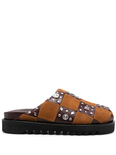 Toga Virilis Stud-embellished Leather Slippers In Brown