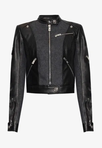 Versace Denim Leather Biker Jacket In Black