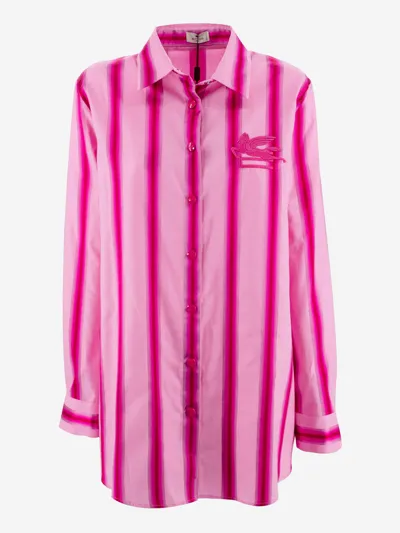 Etro Oversized Embroidered Striped Cotton And Silk-blend Shirt In Pink