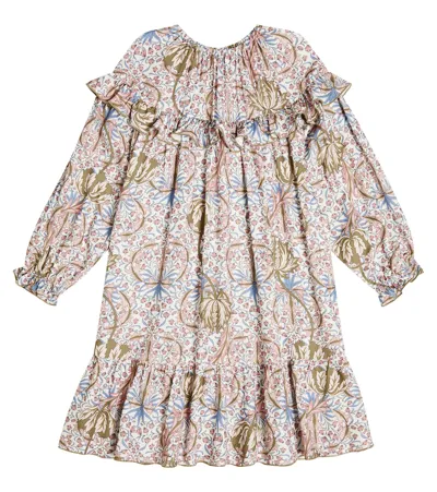 Il Gufo Kids' Floral Ruffle-trimmed Dress In Multicoloured