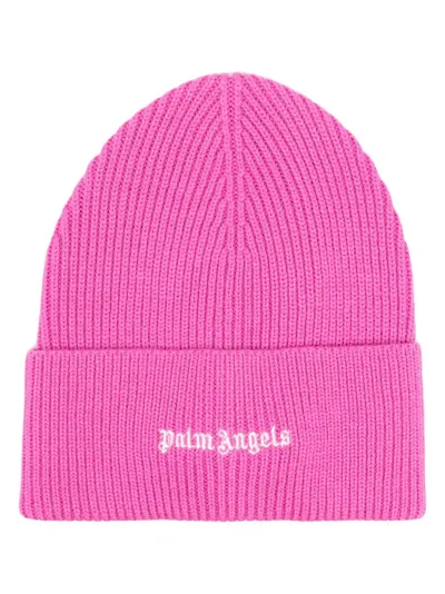 Palm Angels Logo-embroidered Wool-blend Beanie In Pink