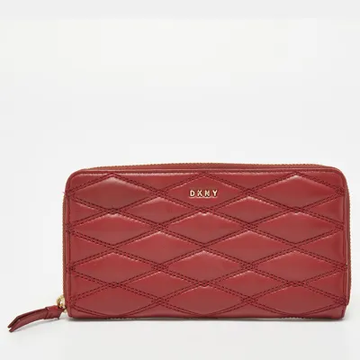 Pre-owned Dkny Red Quilted Leather Zip Around Compact Wallet