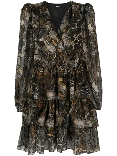 Just Cavalli Snakeskin-print Ruffle-trim Minidress In Brown