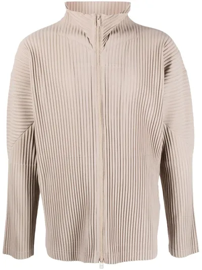 Issey Miyake Pleated Zip-up Cardigan In Neutrals