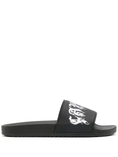 Roberto Cavalli Gothic Logo-print Slides In Black