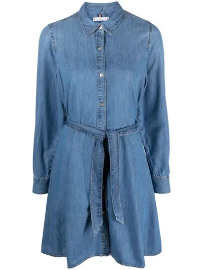 Tommy Hilfiger Belted Denim Mini Shirtdress In Blue