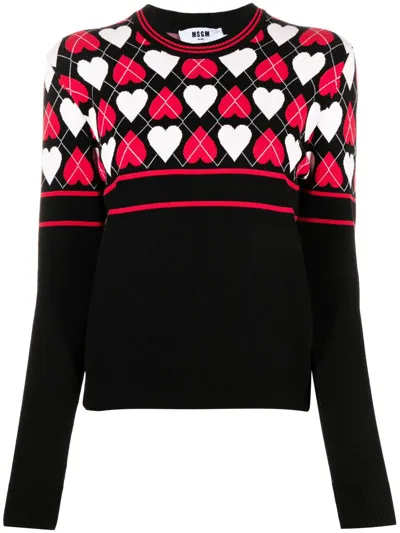 Msgm Heart-print Intarsia-knit Jumper In Black