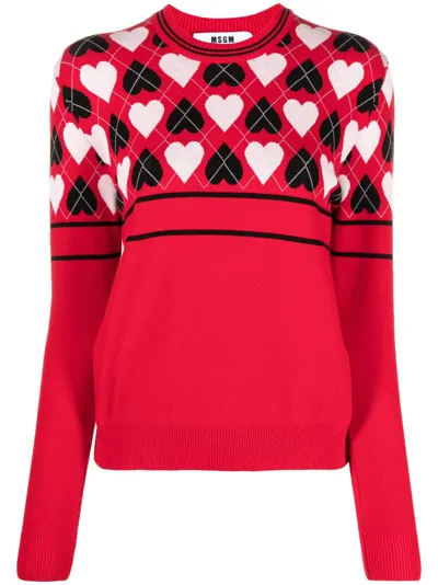 Msgm Heart-print Intarsia-knit Jumper In Multi