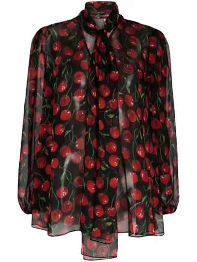 Dolce & Gabbana Cherry Printed Silk Chiffon Shirt In Ciliegie Fdo Nero