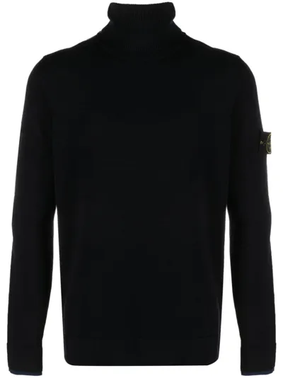 Stone Island Compass-motif Roll-neck Cotton Jumper In Black