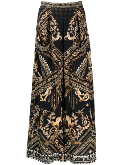 Camilla Duomo Dynasty-print Silk Wide-leg Trousers In Black