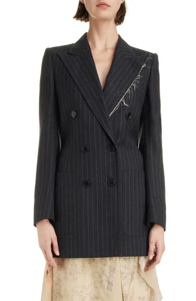 Dries Van Noten Bylee Pinstripe Wool Blazer Jacket With Raw Edge Trim In Anthracite