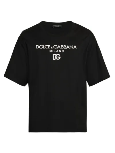 Dolce & Gabbana Black Logo Embroidered Cotton T-shirt In Nero