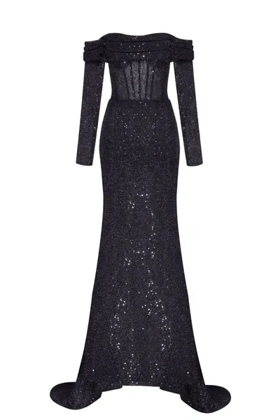 Milla Elegant Black Off-the-shoulder Sparkling Maxi Dress