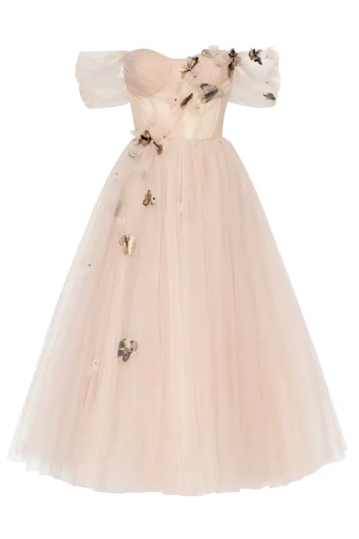 Milla Off-the-shoulder Midi Gown With The Tender Embellishment In Beige