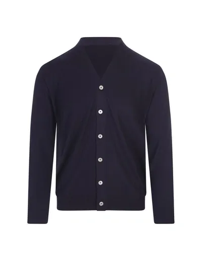 Fedeli Navy Blue Virgin Wool Cardigan With V-neckline