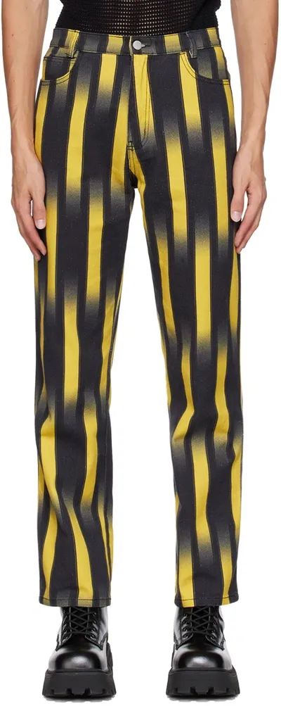 Double Rainbouu Black & Yellow Party Jeans In Ghost Stripe Yellow