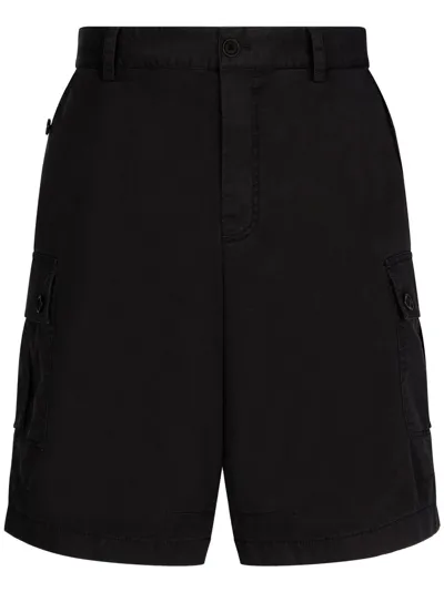 Dolce & Gabbana Cargo Cotton Stretch Bermuda Shorts With Logo Plaque In Black