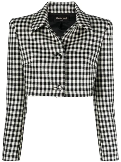 Roberto Cavalli Checked Wool Blend Cropped Blazer In Multicolor