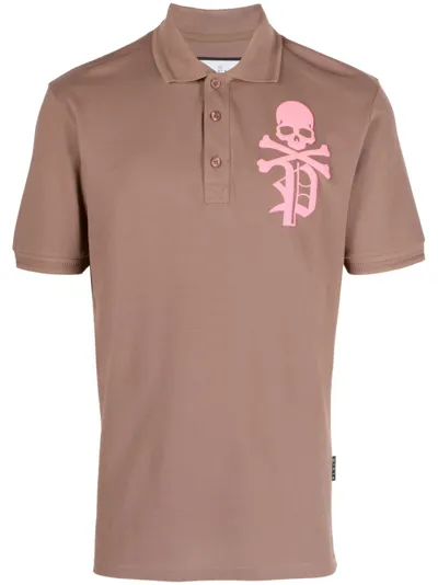 Philipp Plein Skull & Bones Piqué Polo Shirt In Brown