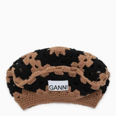 Ganni Wool Crochet Hat In Brown