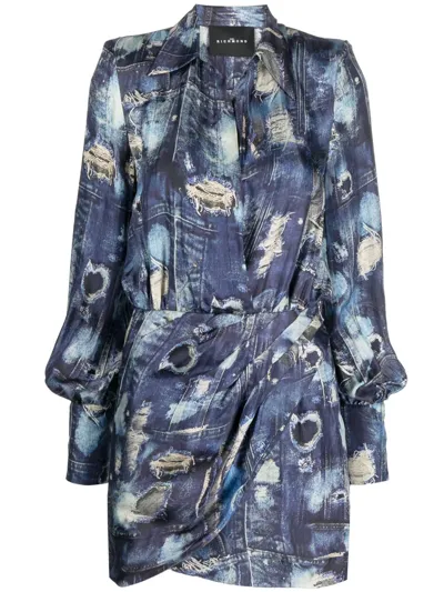 John Richmond Abstract-print Pleat-detail Minidress In Blue