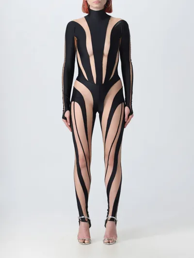 Mugler Paneled High Neck Mesh Jumpsuit In Black