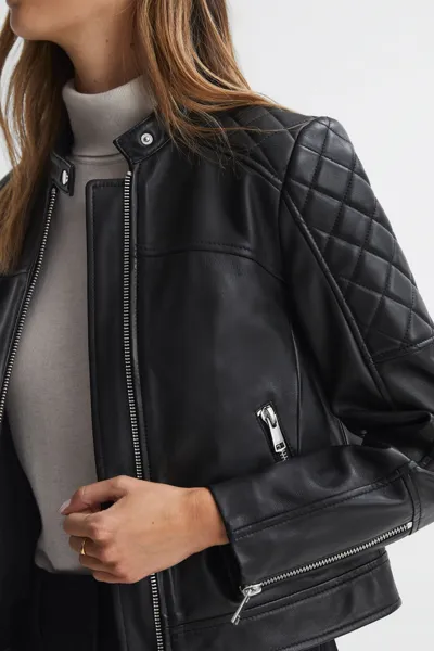 Reiss Black Adelaide Leather Collarless Quilted Jacket